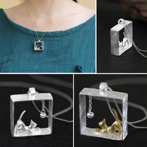 Sterling Silver Cat Chasing Dangle Ball  Necklace